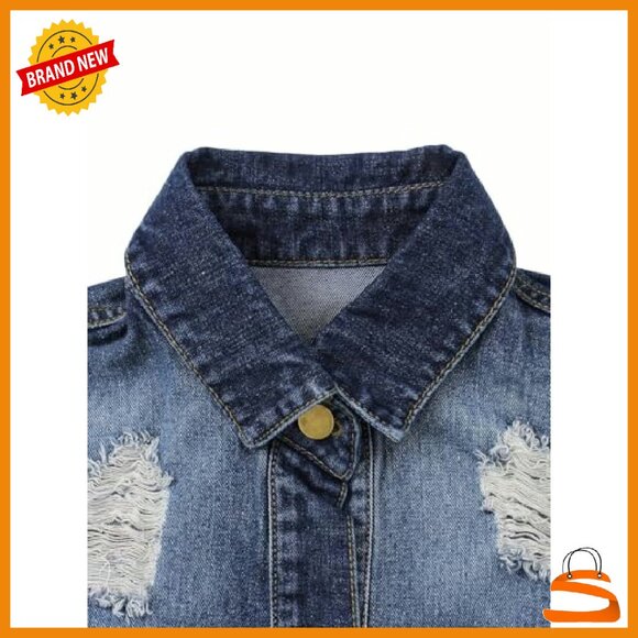 Oversized Denim Jacket Long Sleeve Shacket Lapel Collar Distressed Hem - Picture 5 of 7